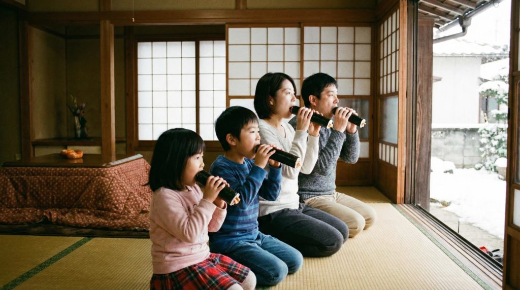 恵方巻を食べる家族