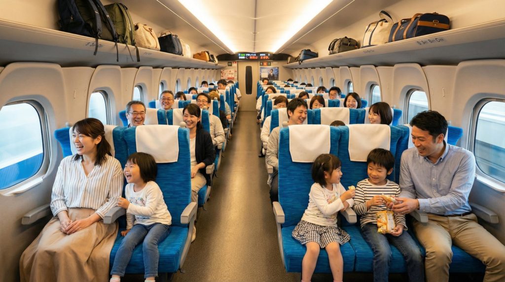 新幹線で移動する家族