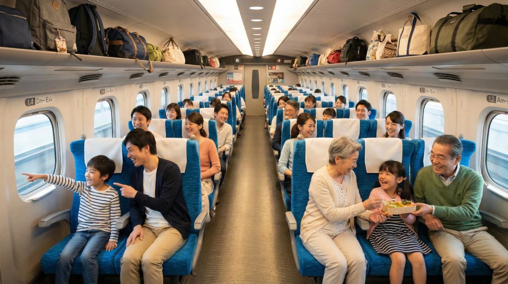 新幹線で移動する家族