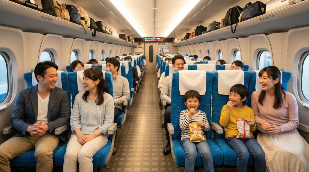 新幹線で移動する家族