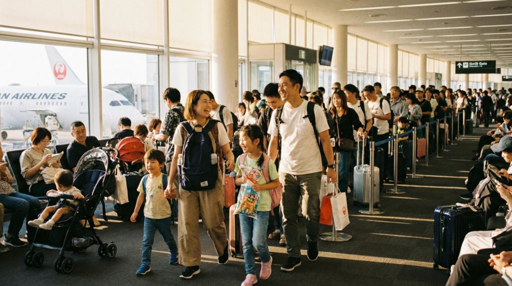 飛行機に乗る家族