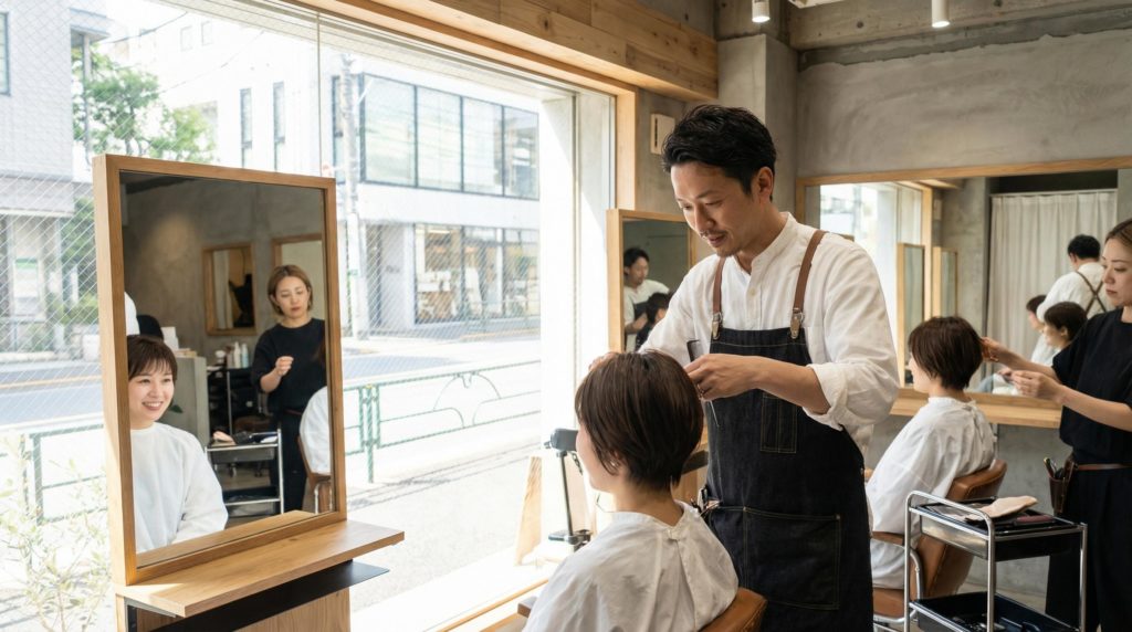 髪をカットされている女性
