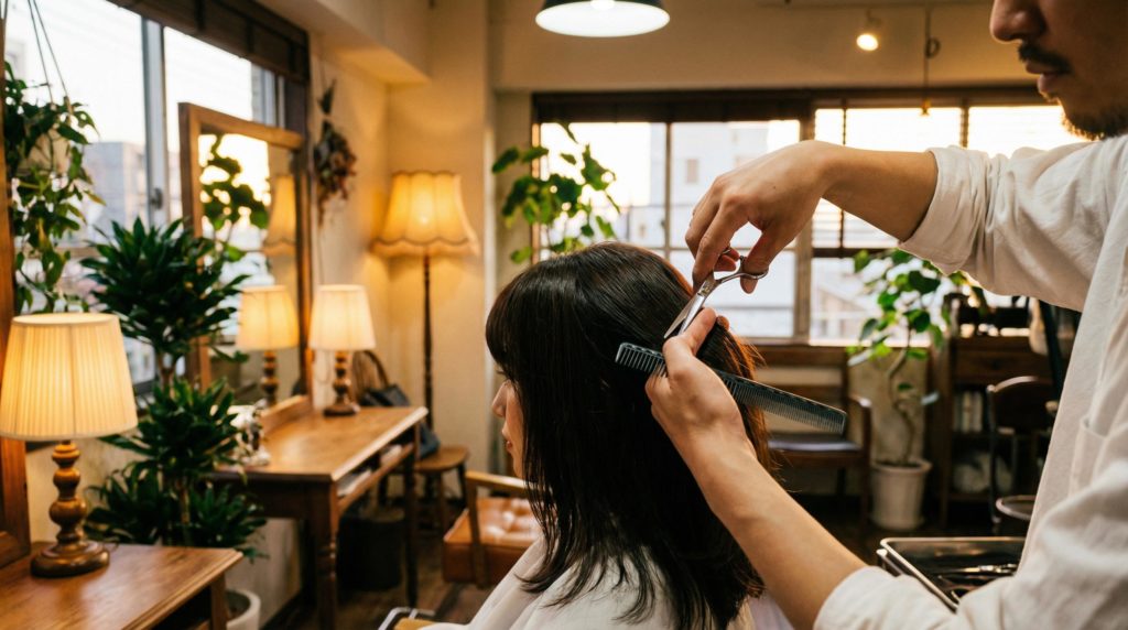 髪をカットしている美容師のアップ