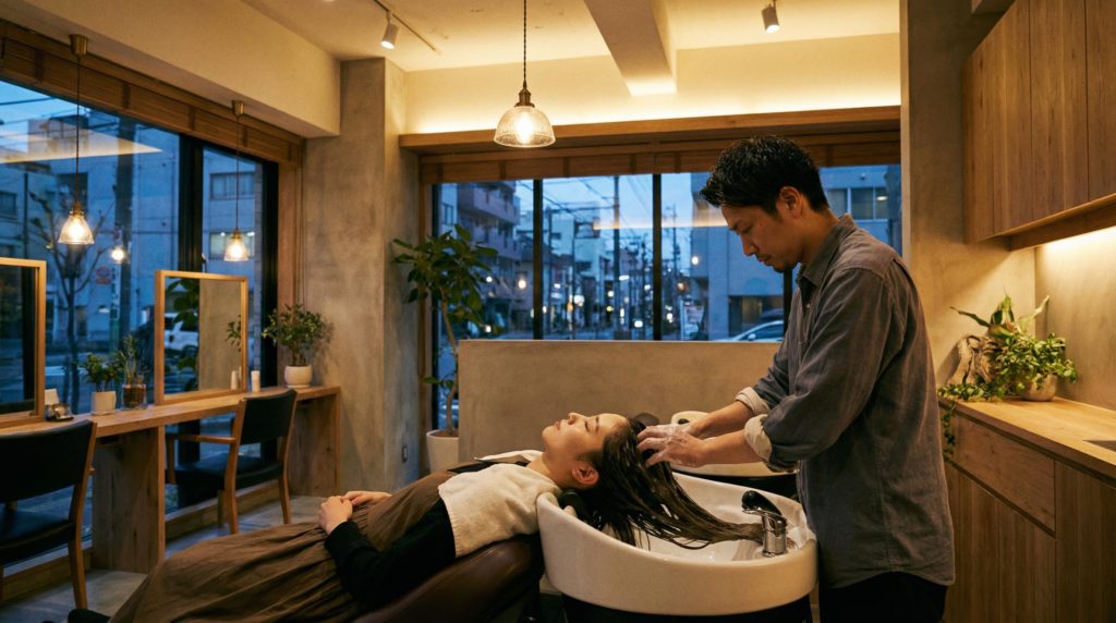 洗髪している男性美容師