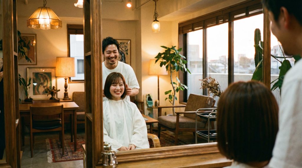 髪型を確認している女性