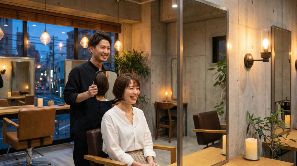 髪型を確認している女性