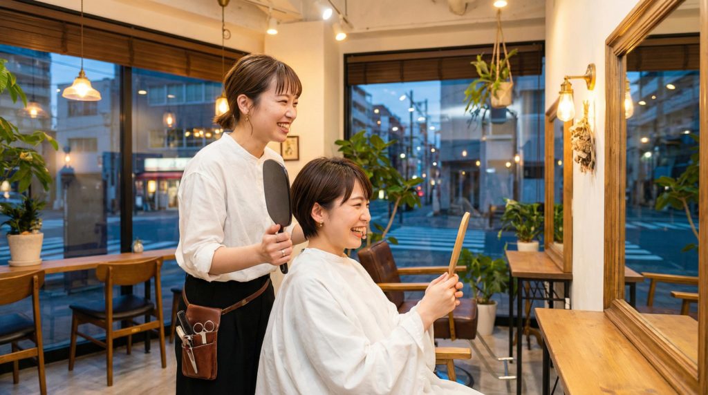 髪型を確認している女性