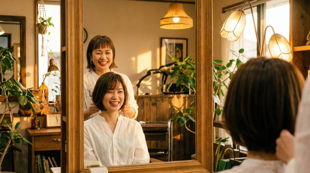 髪型を確認している女性