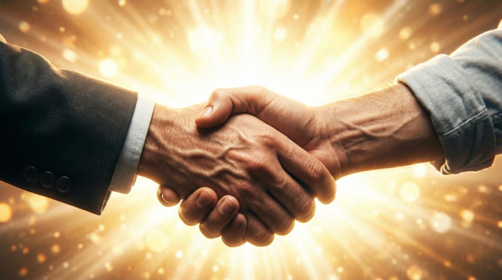 力強い握手。輝き。