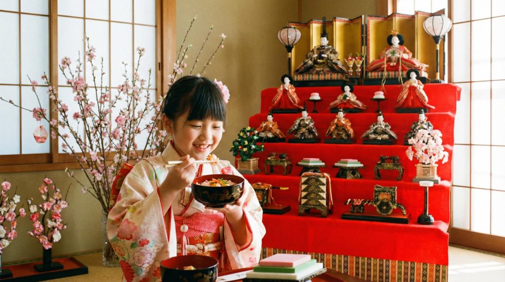 ひな祭り。ちらし寿司を食べる少女。