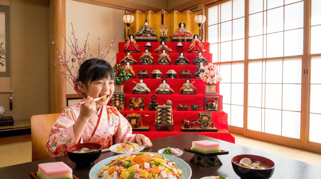 ちらし寿司を食べる少女とひな壇