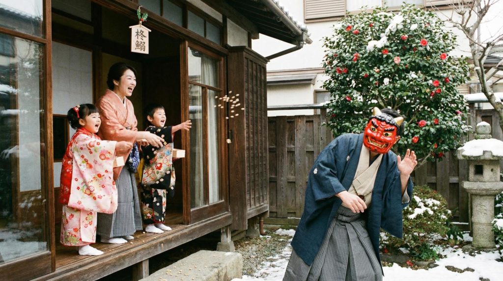 鬼は外。鬼役をするお父さん