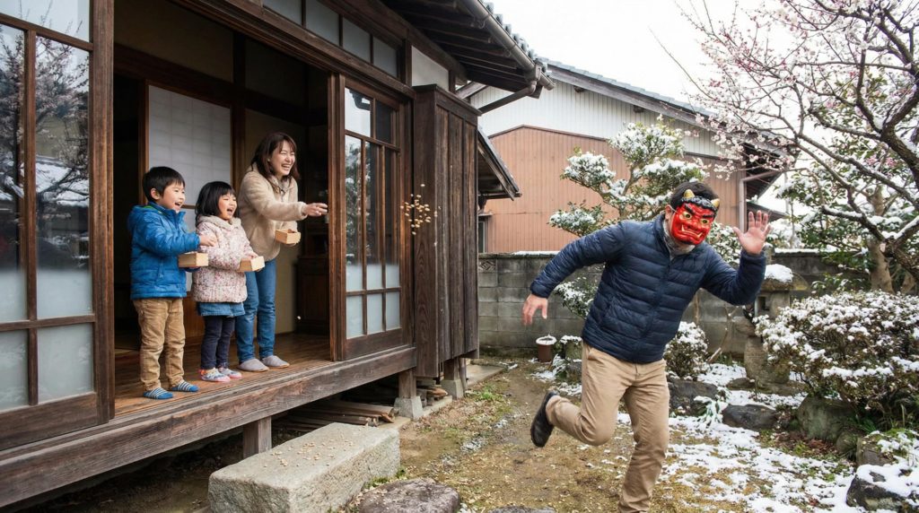 鬼は外。鬼役をするお父さん