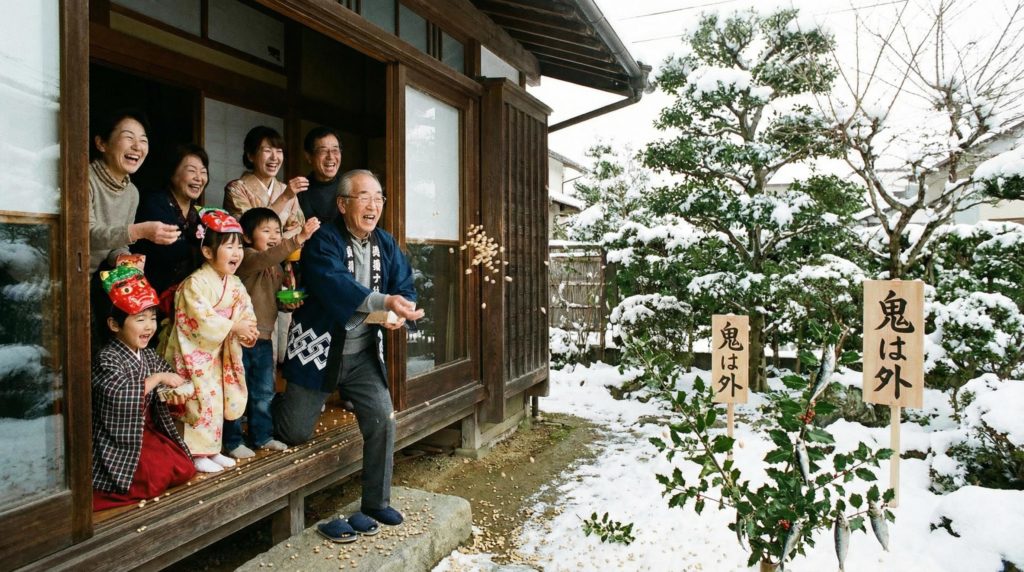 鬼は外。庭に豆をまく家族
