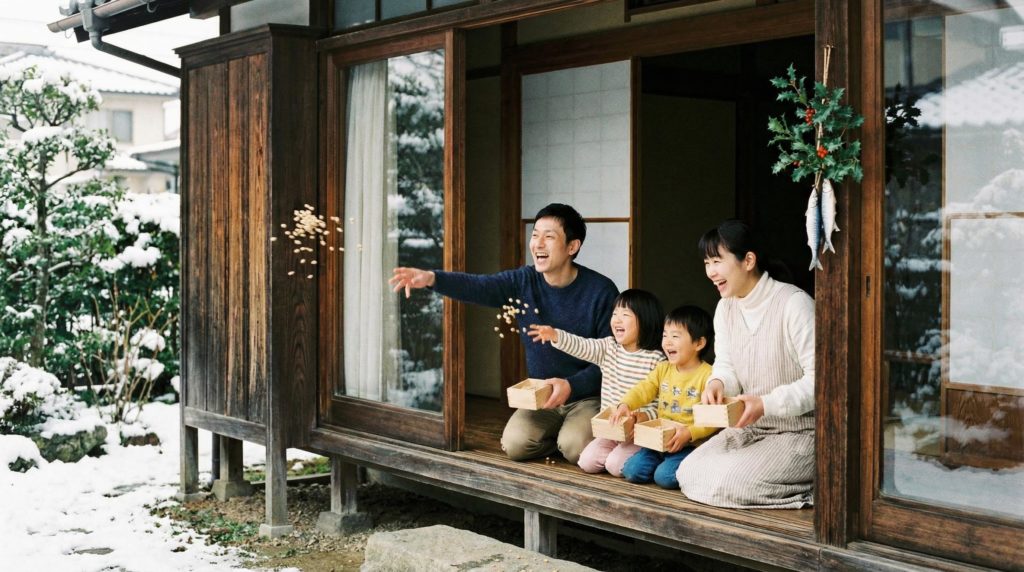 鬼は外。庭に豆をまく家族