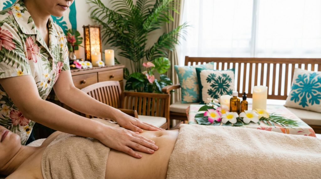 おなかのマッサージを受ける女性