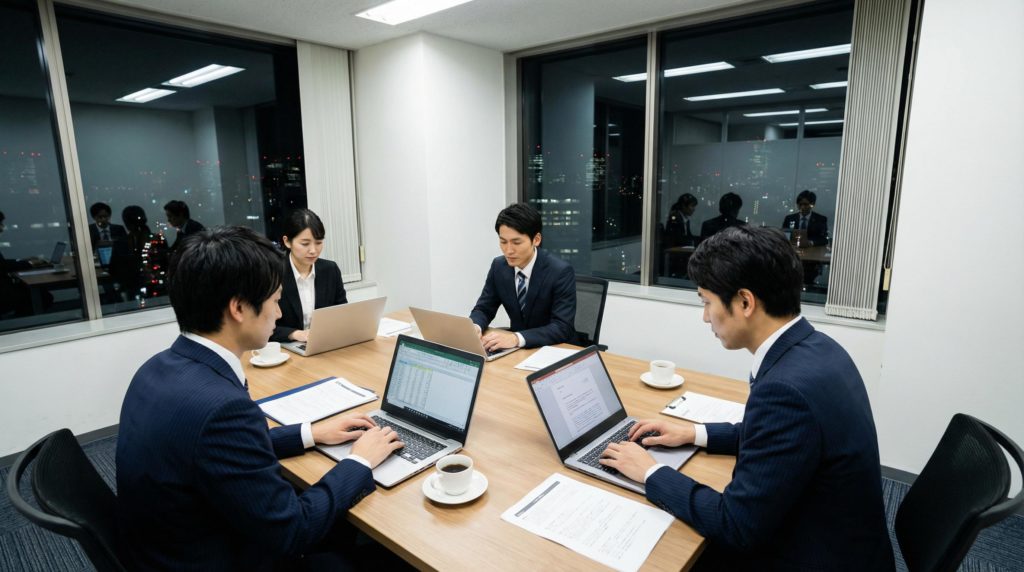 夜に会議をするビジネスマン