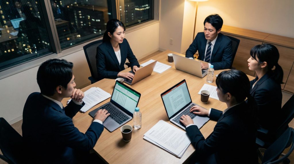 夜に会議をする会社員