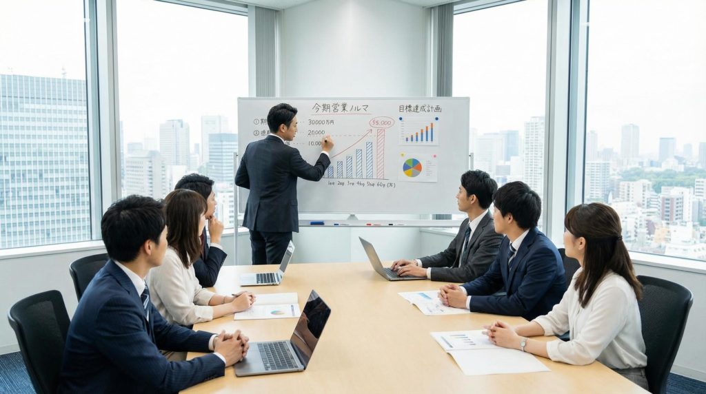 営業ノルマの会議をするビジネスマン