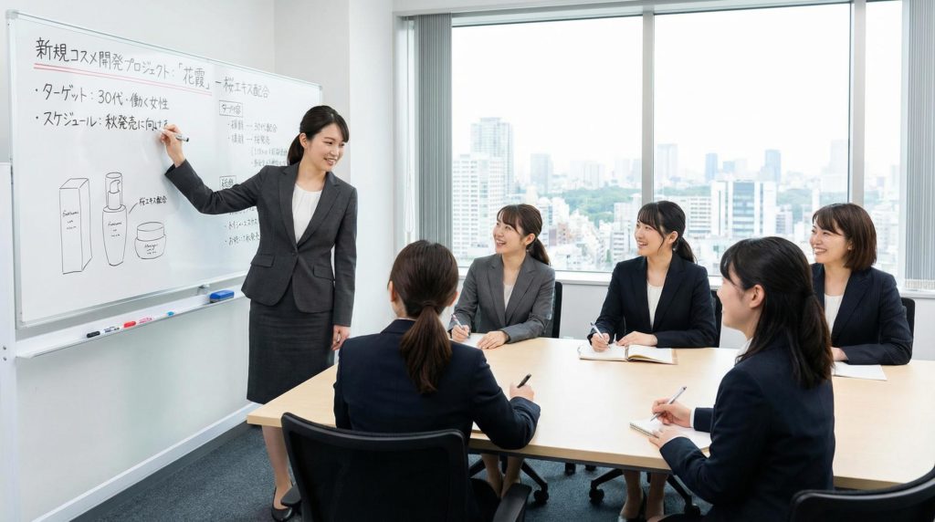 コスメ開発会議をする女性社員