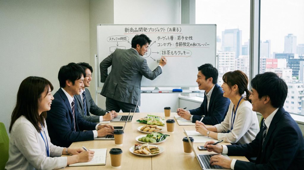 お菓子の開発プロジェクトを会議しているサラリーマン