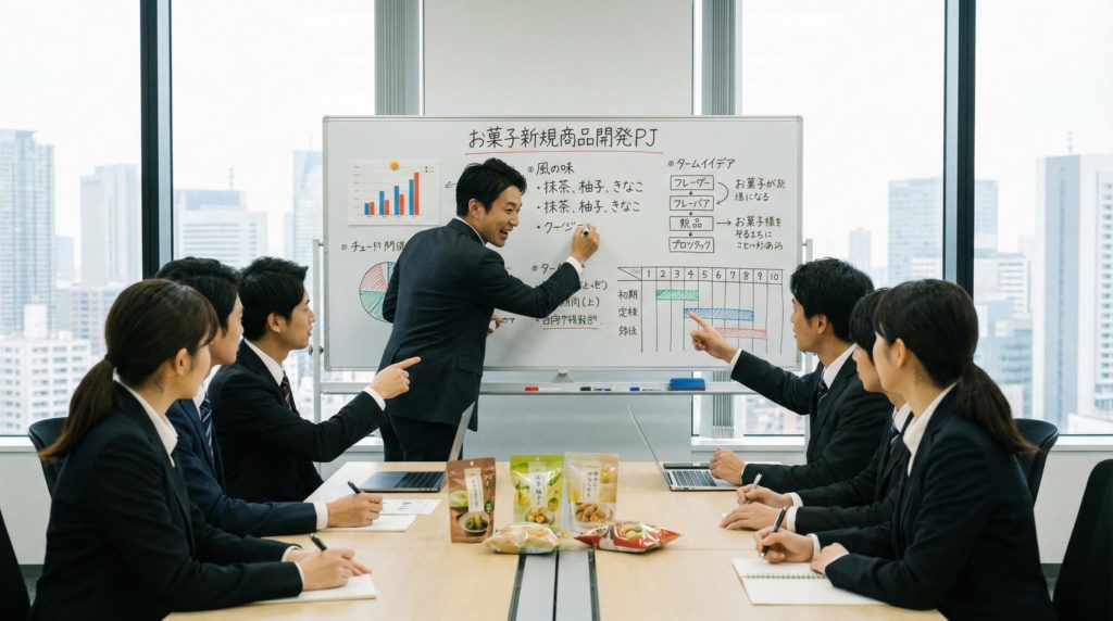 お菓子の新規開発会議をしているサラリーマン