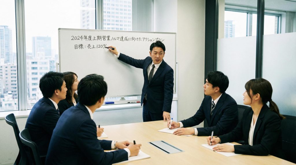 営業ノルマ達成の会議をしている会社員