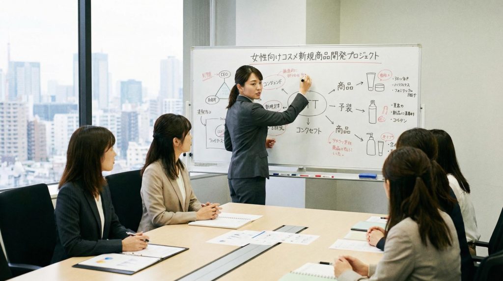 コスメ新規商品会議をしている女性社員
