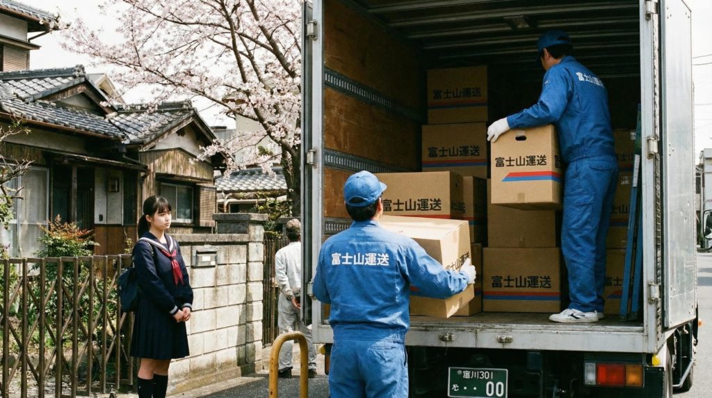 引っ越しの様子を見ている学生