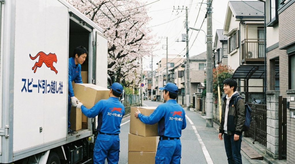 引っ越しの様子を見ている学生