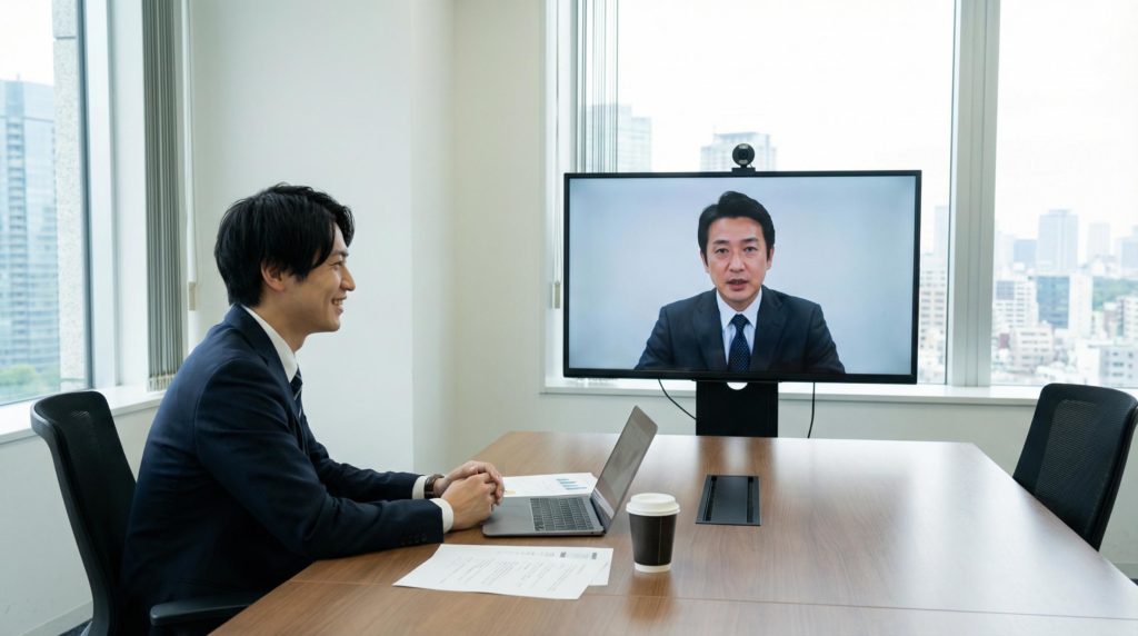 リモート打ち合わせをする会社員