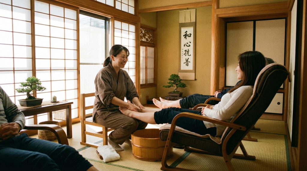 足のマッサージを受ける女性客