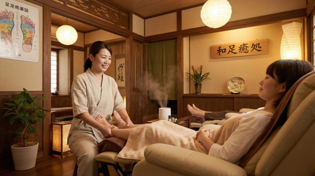 足のマッサージを受ける女性客