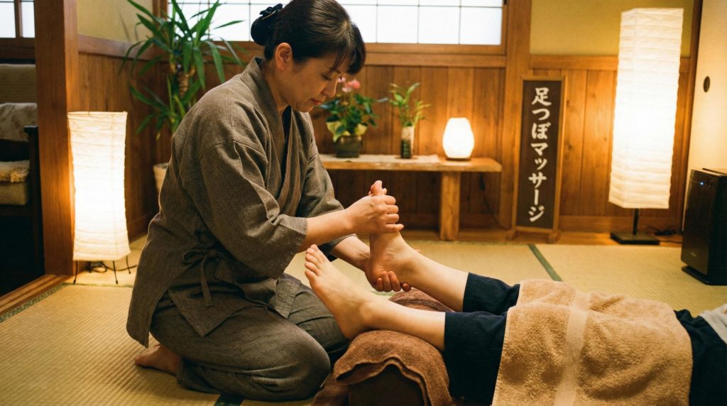 足つぼマッサージを受ける女性客