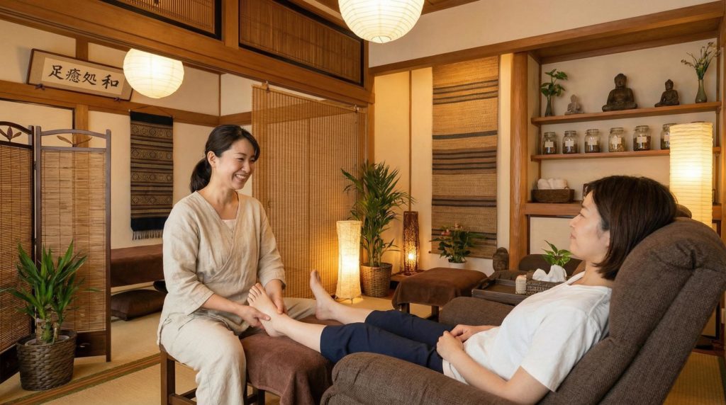 足のマッサージを受ける女性客