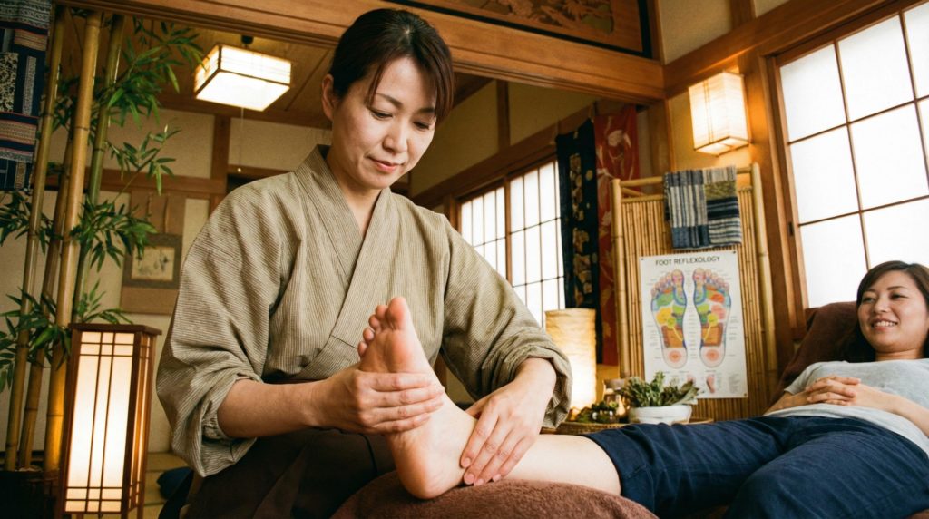 足のマッサージを受ける女性客