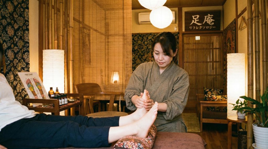 足のマッサージを受ける女性客