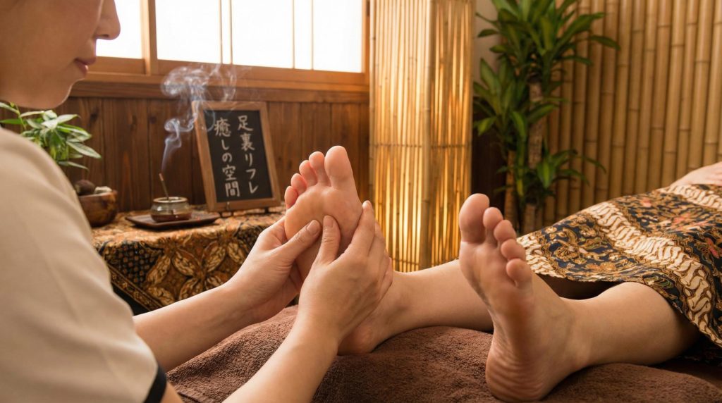足つぼマッサージを受ける女性客