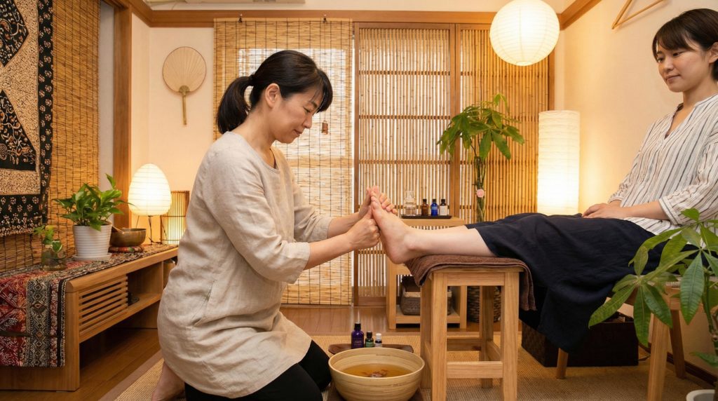 足つぼマッサージを受ける女性客