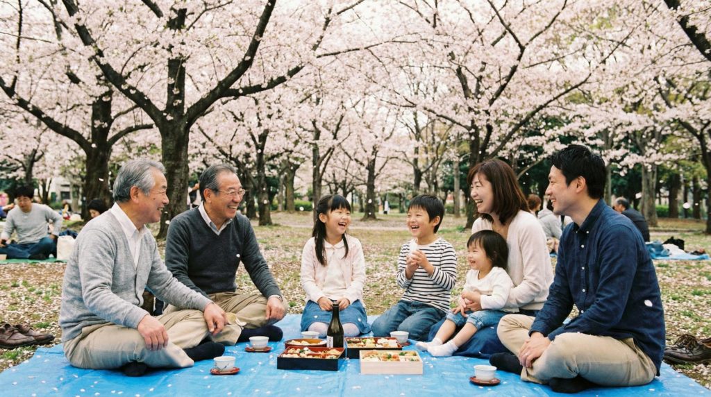 花見をする家族