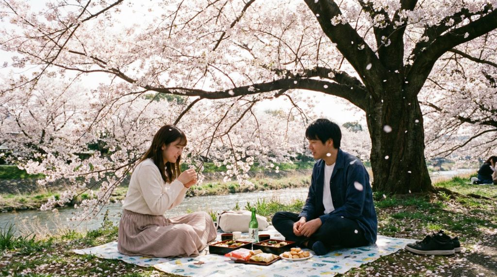 花見をするカップル