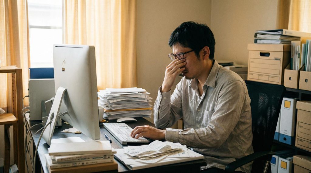 レシート記入に疲れている男性