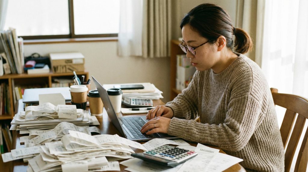 レシート記入をしている女性