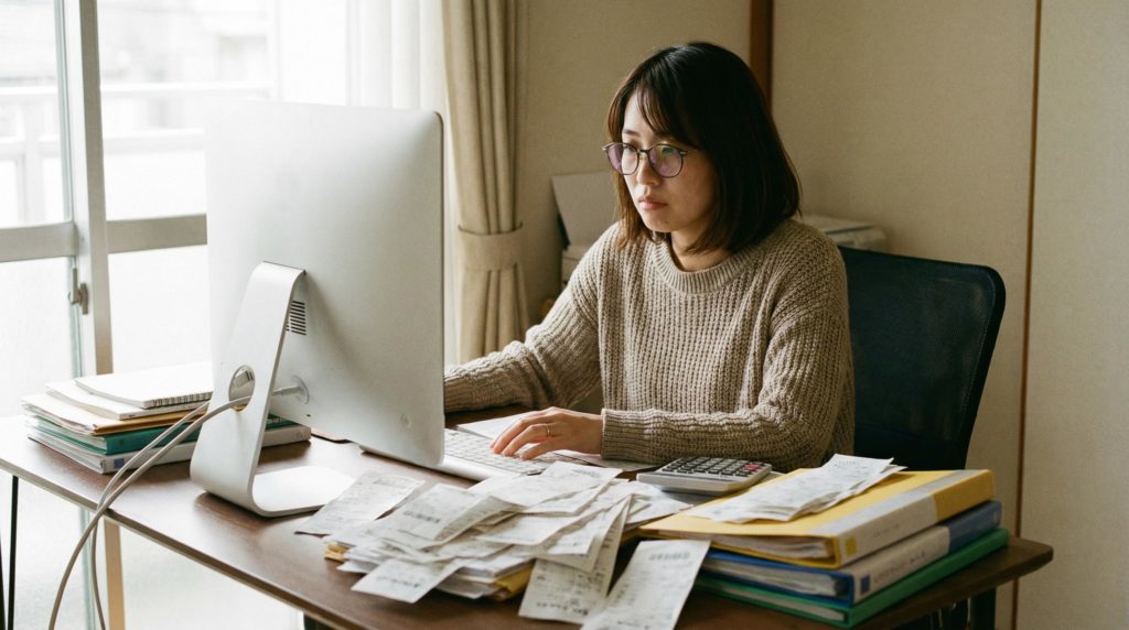 家計簿の計算をしている女性