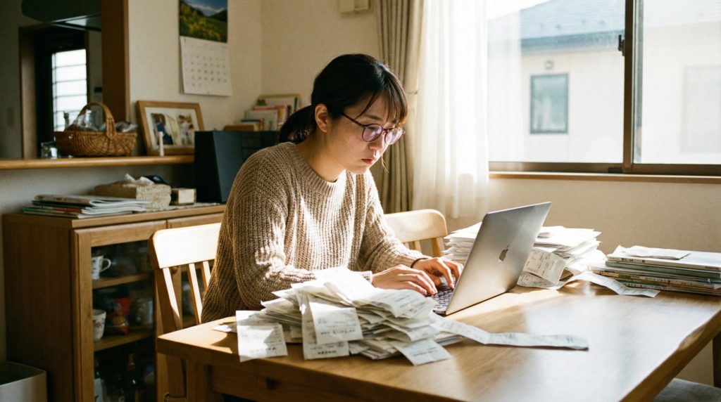 経費を記入をしている女性