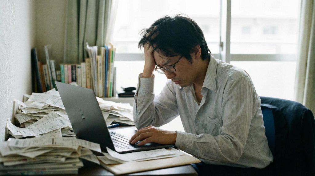 確定申告に疲れている男性