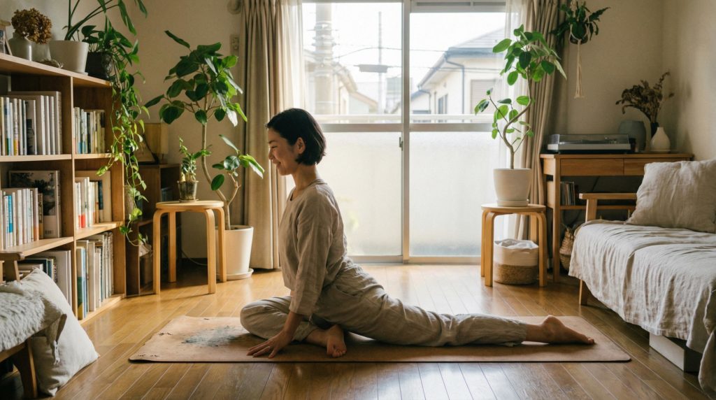 部屋でヨガをする女性