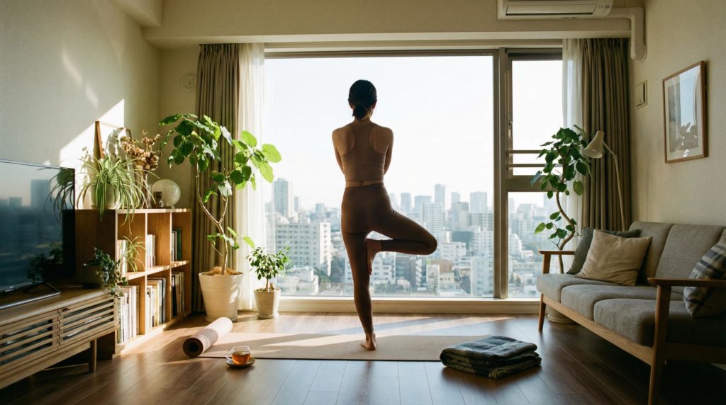 部屋でヨガをする女性